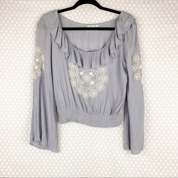 American Eagle Purple Ruffle Embroidered Crop Top - Picture 1 of 7